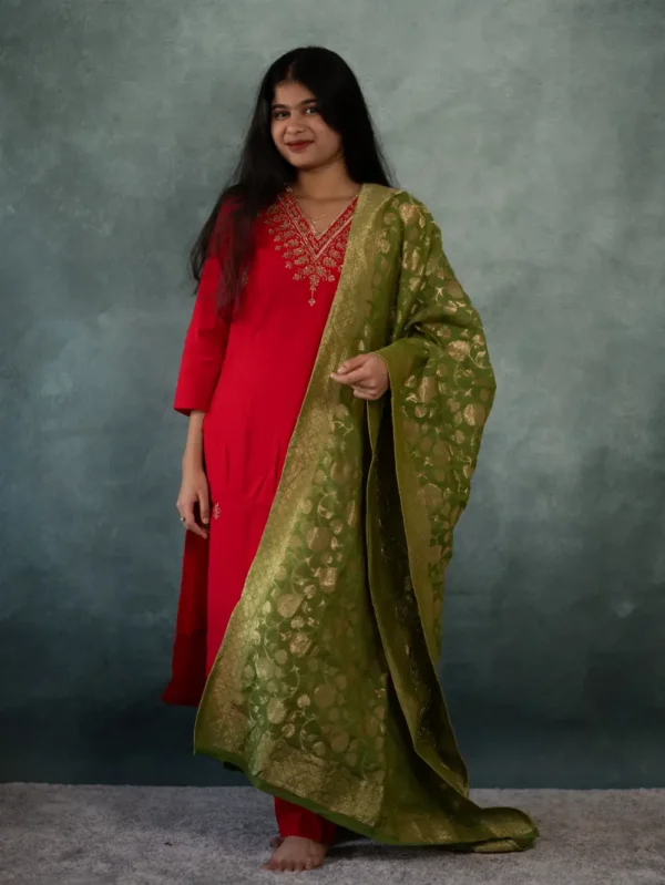 Red Roman Silk Set With Green Banarasi Dupatta - L