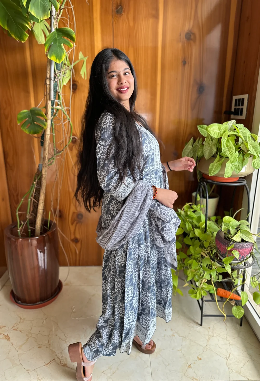 Cotton floral print kurti with lace border,dupatta & pants - Image 2