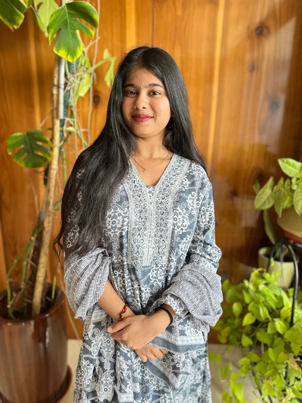 Cotton floral print kurti with lace border,dupatta & pants